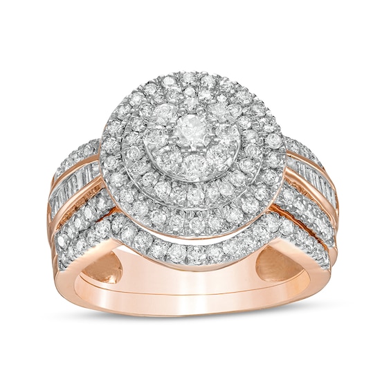 1-1/4 CT. T.w. Composite Baguette and Round Diamond Double Frame Bridal Set in 10K Rose Gold