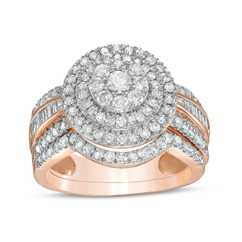 Main Image 1 of 1-1/4 CT. T.W. Composite Baguette and Round Diamond Double Frame Bridal Set in 10K Rose Gold