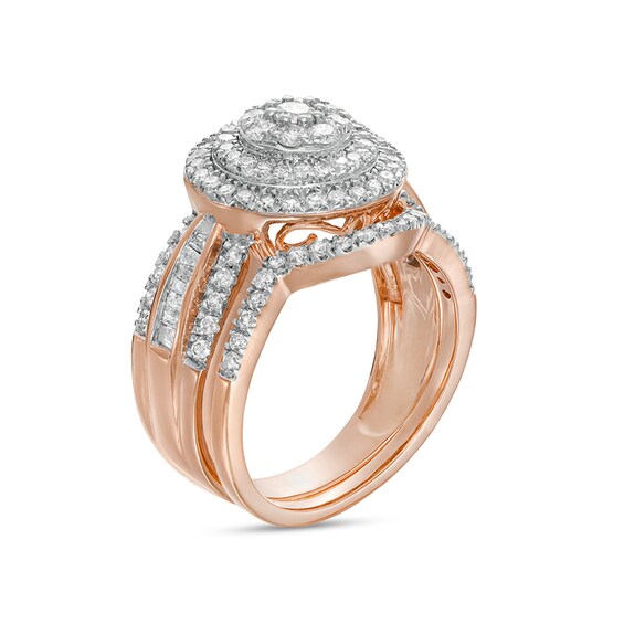 1-1/4 CT. T.w. Composite Baguette and Round Diamond Double Frame Bridal Set in 10K Rose Gold