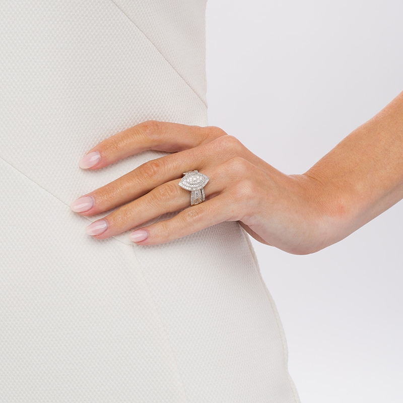 Main Image 2 of 1-1/4 CT. T.W. Composite Baguette and Round Diamond Double Marquise-Shape Frame Bridal Set in 10K White Gold