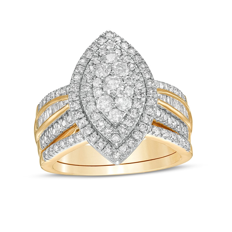 Main Image 1 of 1-1/4 CT. T.W. Composite Baguette and Round Diamond Double Marquise-Shape Frame Bridal Set in 10K Gold