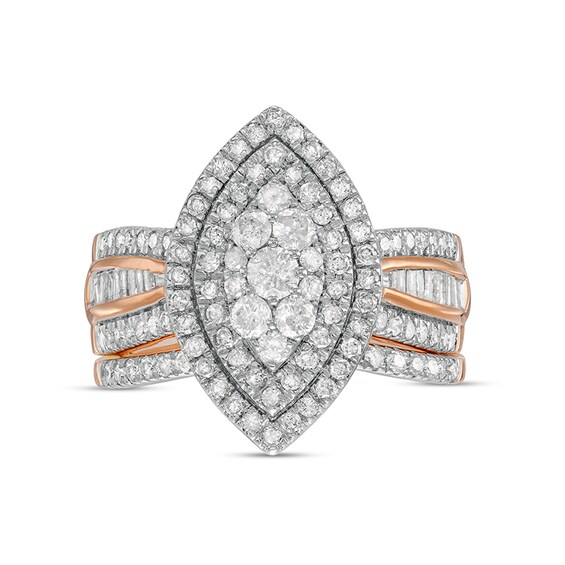 1-1/4 CT. T.w. Composite Baguette and Round Diamond Double Marquise-Shape Frame Bridal Set in 10K Rose Gold