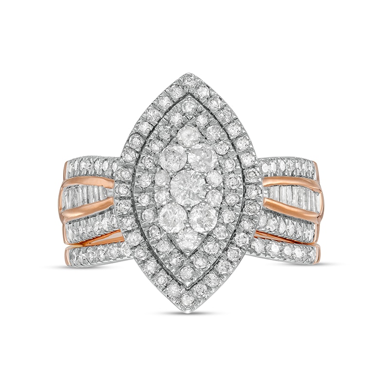 Main Image 4 of 1-1/4 CT. T.W. Composite Baguette and Round Diamond Double Marquise-Shape Frame Bridal Set in 10K Rose Gold