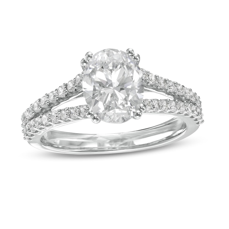Main Image 1 of 2-1/2 CT. T.W. Certified Oval Lab-Grown Diamond Split Shank Engagement Ring in 14K White Gold (F/VS2)