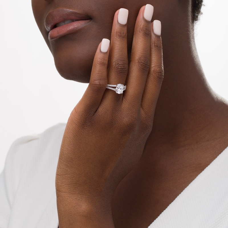Main Image 2 of 2-1/2 CT. T.W. Certified Oval Lab-Grown Diamond Split Shank Engagement Ring in 14K White Gold (F/VS2)