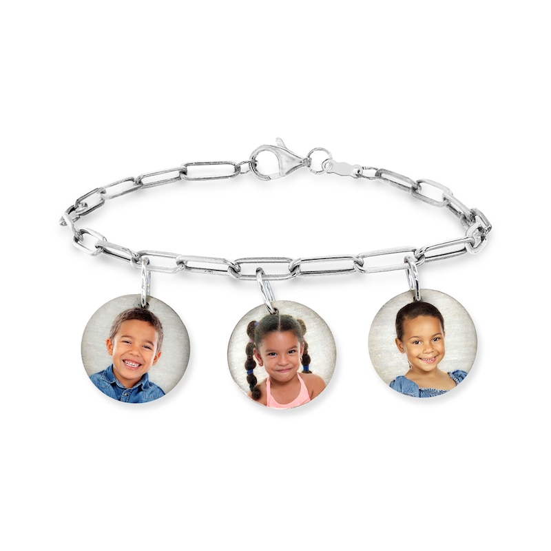 Photo Disc Charm and Paper Clip Link Chain Bracelet in Sterling Silver (3 Charms and Images) - 7.5"
