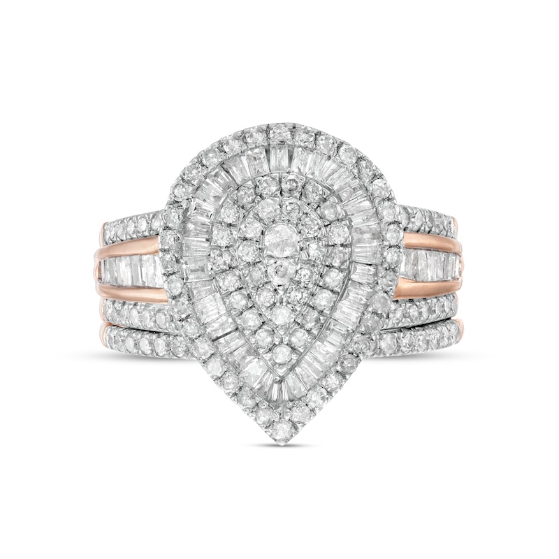 Main Image 4 of 1-1/4 CT. T.W. Pear-Shaped Diamond Layered Triple Frame Bridal Set in 10K Rose Gold
