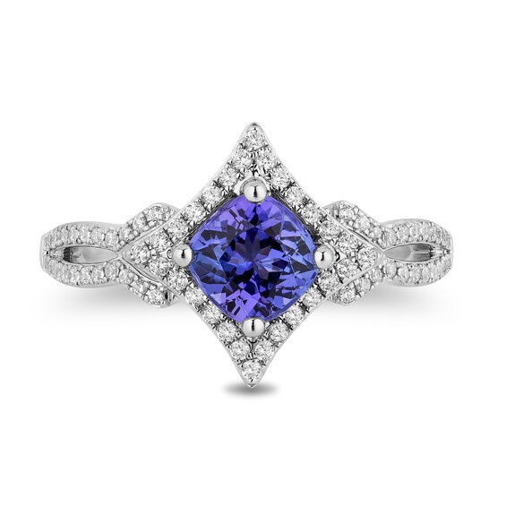 Enchanted Disney Ultimate Princess Tanzanite and 1/3 CT. T.w. Diamond Tilted Frame Engagement Ring in 14K White Gold