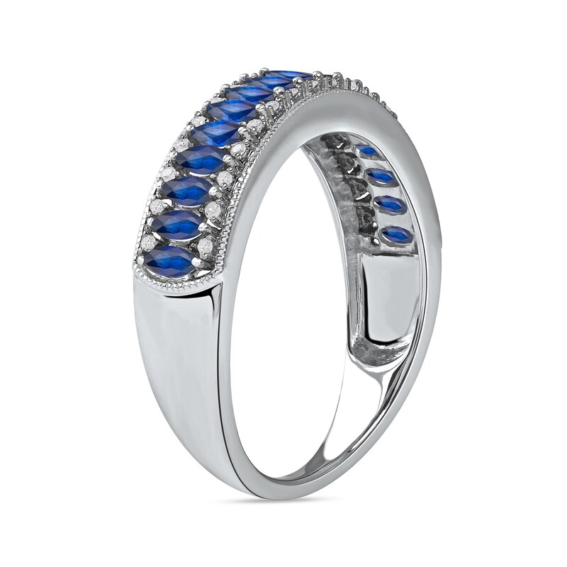 Marquise Blue Sapphire and 1/10 CT. T.W. Diamond Border Triple Row Vintage-Style Ring in 10K White Gold