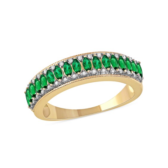 Marquise Emerald and 1/10 CT. T.W. Diamond Border Triple Row Vintage-Style Ring in 10K Gold Marquise Emerald and 1/10 CT. T.W. Diamond Border Triple Row Vintage-Style Ring in 10K Gold