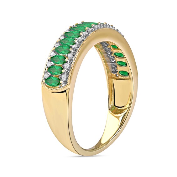 Marquise Emerald and 1/10 CT. T.W. Diamond Border Triple Row Vintage-Style Ring in 10K Gold Marquise Emerald and 1/10 CT. T.W. Diamond Border Triple Row Vintage-Style Ring in 10K Gold