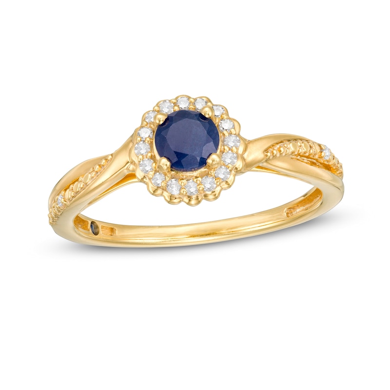Main Image 1 of Cherished Promise Collection™ 4.0mm Sapphire and 1/15 CT. T.W. Diamond Frame Twist Shank Promise Ring in 10K Gold