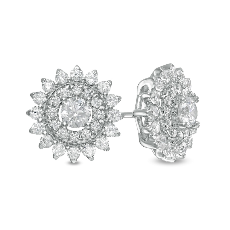 Main Image 1 of Zales Private Collection 1-1/2 CT. T.W. Certified Diamond Frame Sunburst Stud Earrings in 14K White Gold (F/I2)
