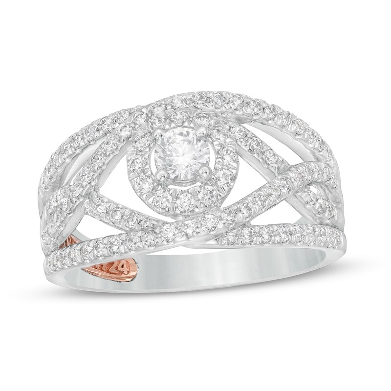 Main Image 1 of Zales Private Collection 3/4 CT. T.W. Certified Diamond Frame Crossover Ring in 14K White Gold (F/I2)