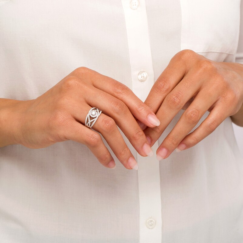 Main Image 2 of Zales Private Collection 3/4 CT. T.W. Certified Diamond Frame Crossover Ring in 14K White Gold (F/I2)