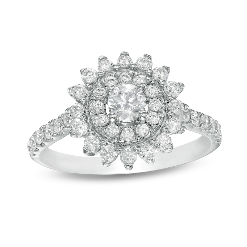 Main Image 1 of Zales Private Collection 1 CT. T.W. Certified Diamond Double Frame Sunburst Ring in 14K White Gold (F/I2)