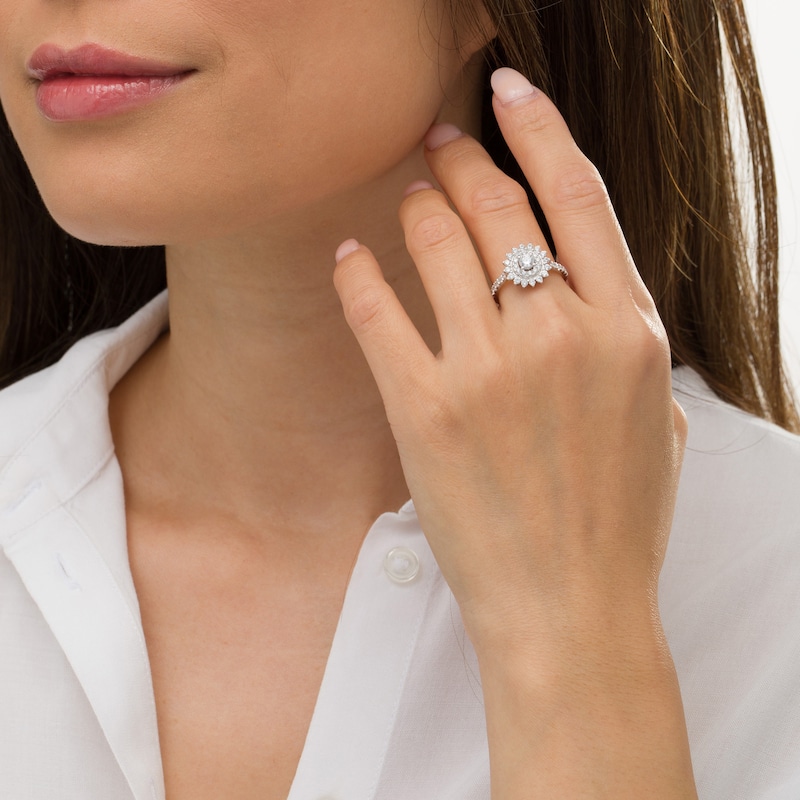 Main Image 2 of Zales Private Collection 1 CT. T.W. Certified Diamond Double Frame Sunburst Ring in 14K White Gold (F/I2)