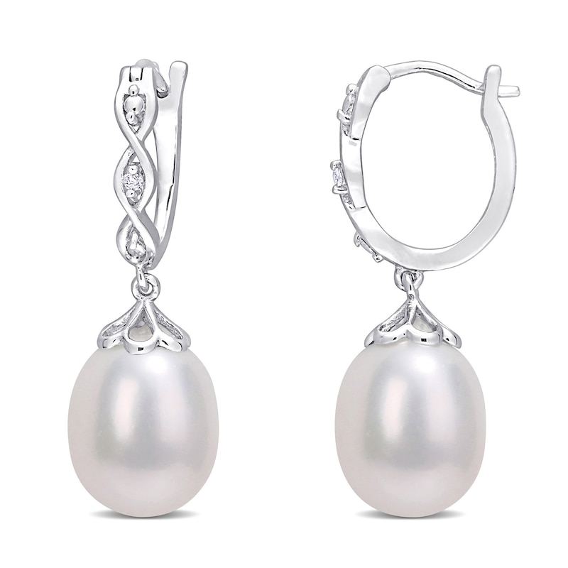 Main Image 1 of 8.0-8.5mm Oval Freshwater Cultured Pearl and Diamond Accent Twist Drop Earrings in Sterling Silver