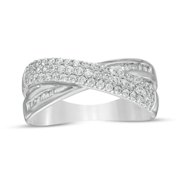 1/2 CT. T.W. Baguette and Round Diamond Crossover Anniversary Band in 10K White Gold