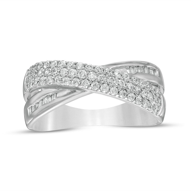 Main Image 1 of 1/2 CT. T.W. Baguette and Round Diamond Crossover Anniversary Band in 10K White Gold