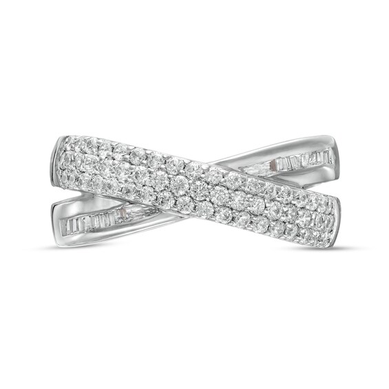 1/2 CT. T.w. Baguette and Round Diamond Crossover Anniversary Band in 10K Gold