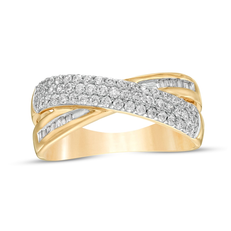 Main Image 1 of 1/2 CT. T.W. Baguette and Round Diamond Crossover Anniversary Band in 10K Gold