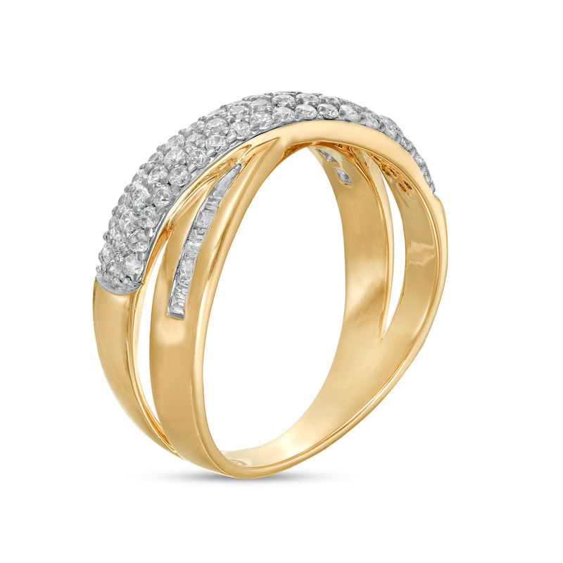 Main Image 3 of 1/2 CT. T.W. Baguette and Round Diamond Crossover Anniversary Band in 10K Gold