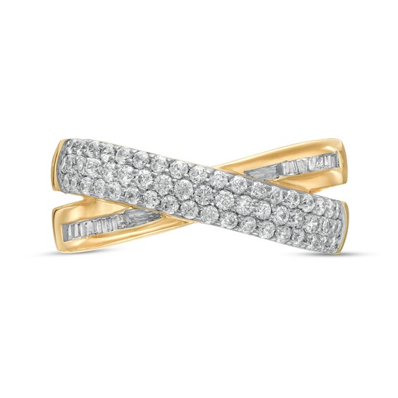 1/2 CT. T.w. Baguette and Round Diamond Crossover Anniversary Band in 10K Gold