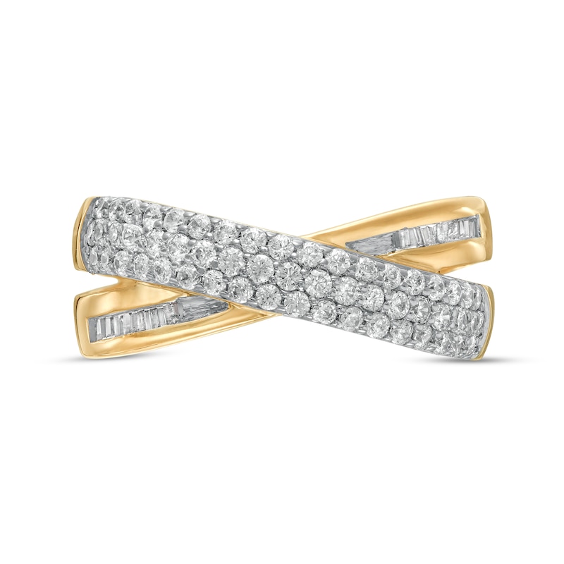 Main Image 4 of 1/2 CT. T.W. Baguette and Round Diamond Crossover Anniversary Band in 10K Gold
