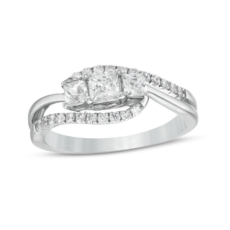 Main Image 1 of 3/4 CT. T.W. Princess-Cut and Round Diamond Three Stone Bypass Ring in 10K White Gold