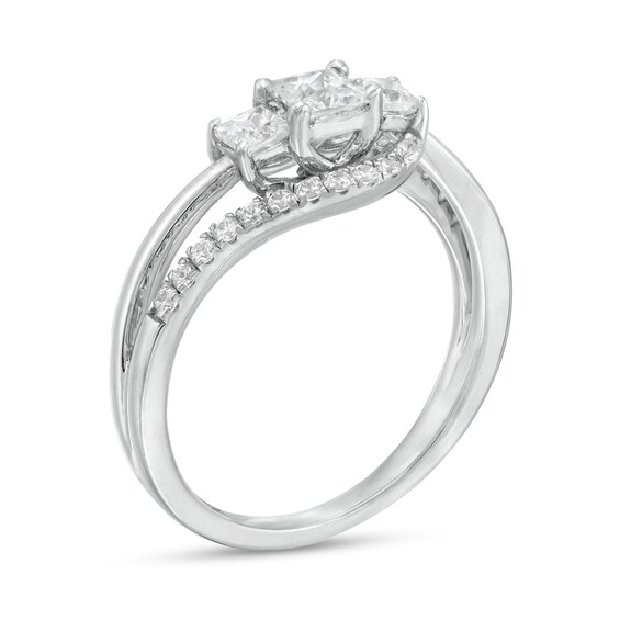 3/4 CT. T.w. Princess-Cut and Round Diamond Three Stone Bypass Ring in 10K White Gold