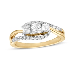3/4 CT. T.W. Princess-Cut and Round Diamond Three Stone Bypass Ring in 10K Gold