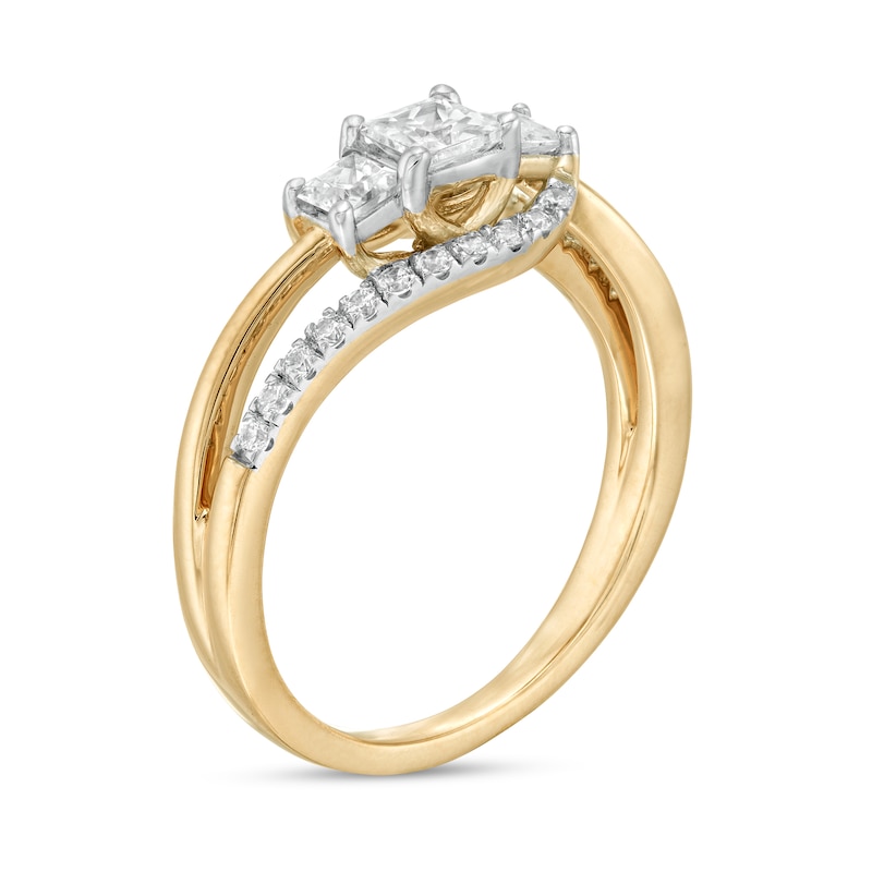 Main Image 3 of 3/4 CT. T.W. Princess-Cut and Round Diamond Three Stone Bypass Ring in 10K Gold