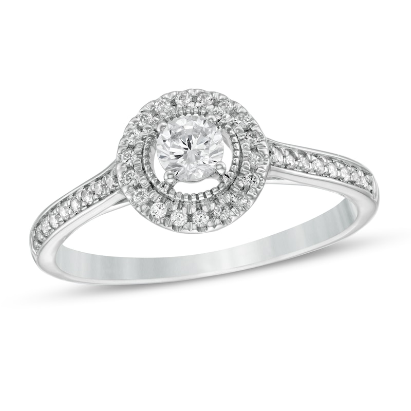 Main Image 1 of 1/3 CT. T.W. Diamond Frame Vintage-Style Engagement Ring in 10K White Gold