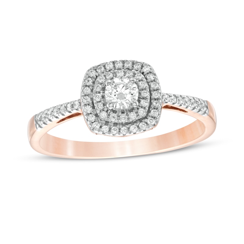 Main Image 1 of 1/3 CT. T.W. Diamond Double Cushion Frame Engagement Ring in 10K Rose Gold
