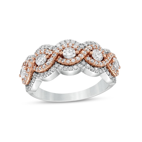 1 CT. T.W. Diamond Five Stone Twist Scallop Edge Ring in 10K Two-Tone Gold