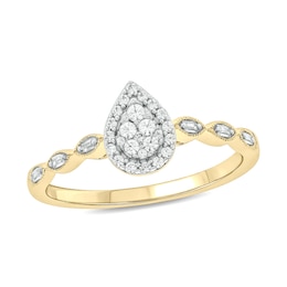 1/5 CT. T.W. Composite Baguette and Round Diamond Pear-Shaped Frame Scallop Shank Promise Ring in 10K Gold