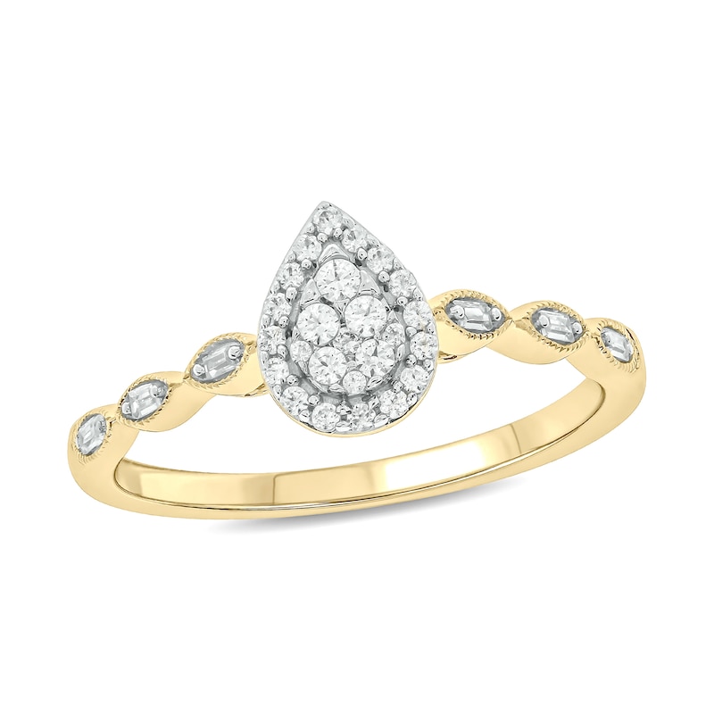 Main Image 1 of 1/5 CT. T.W. Composite Baguette and Round Diamond Pear-Shaped Frame Scallop Shank Promise Ring in 10K Gold