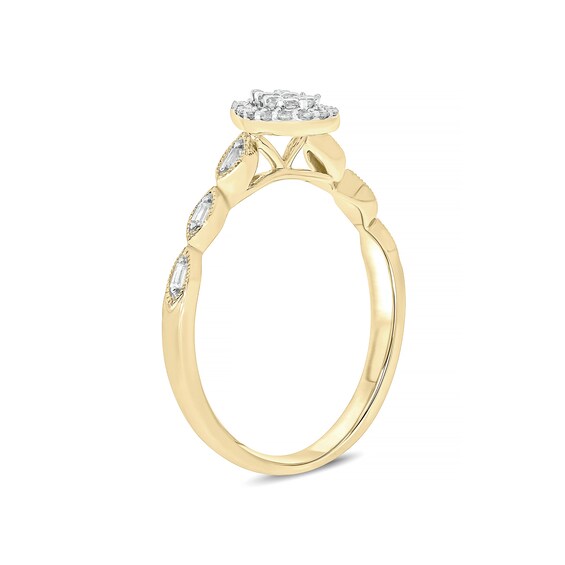 1/5 CT. T.w. Composite Baguette and Round Diamond Pear-Shaped Frame Scallop Shank Promise Ring in 10K Gold