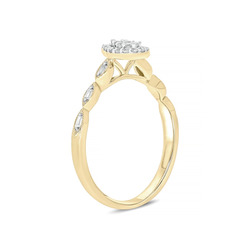 Main Image 2 of 1/5 CT. T.W. Composite Baguette and Round Diamond Pear-Shaped Frame Scallop Shank Promise Ring in 10K Gold