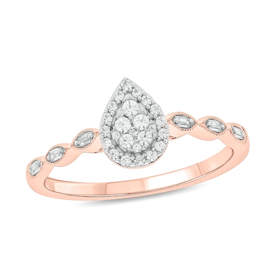 1/5 CT. T.w. Composite Baguette and Round Diamond Pear-Shaped Frame Scallop Shank Promise Ring in 10K Rose Gold