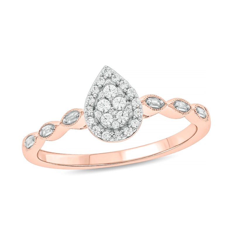 Main Image 1 of 1/5 CT. T.W. Composite Baguette and Round Diamond Pear-Shaped Frame Scallop Shank Promise Ring in 10K Rose Gold