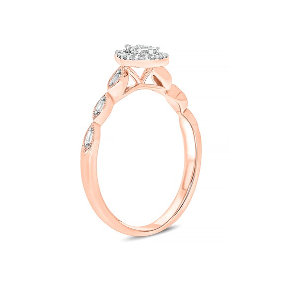1/5 CT. T.w. Composite Baguette and Round Diamond Pear-Shaped Frame Scallop Shank Promise Ring in 10K Rose Gold