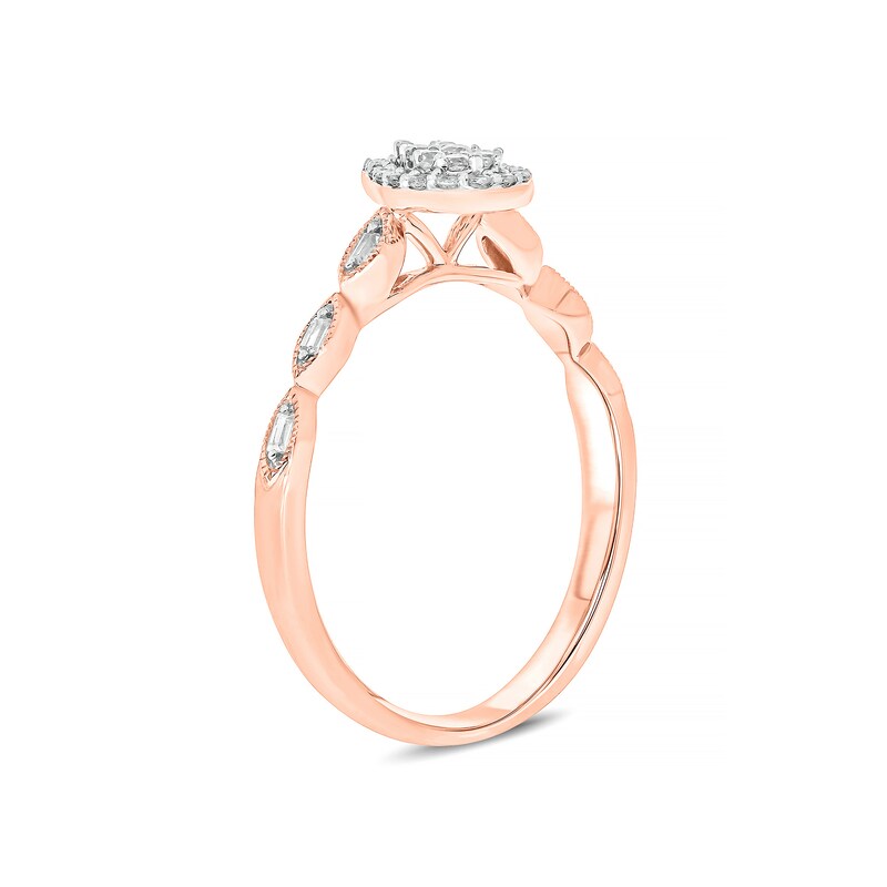 Main Image 2 of 1/5 CT. T.W. Composite Baguette and Round Diamond Pear-Shaped Frame Scallop Shank Promise Ring in 10K Rose Gold