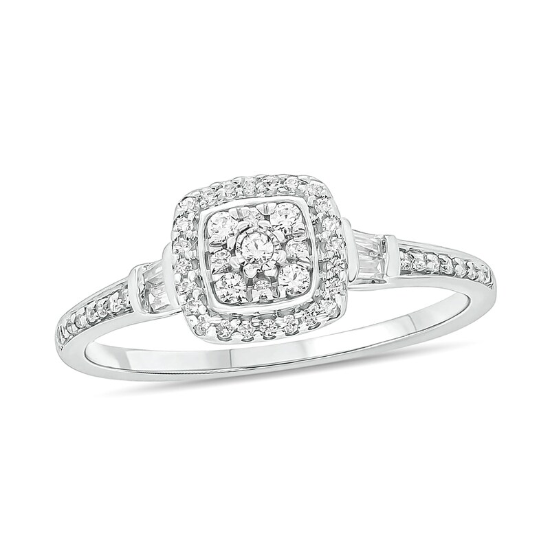 1/4 CT. T.W. Composite Baguette and Round Diamond Cushion-Shape Frame Promise Ring in 10K White Gold