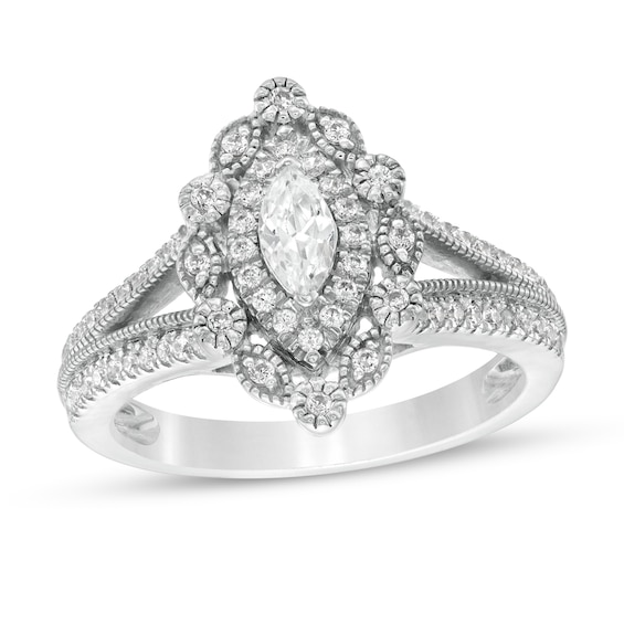 3/4 CT. T.w. Marquise and Round Diamond Alternating Frame Vintage-Style Engagement Ring in 10K Gold