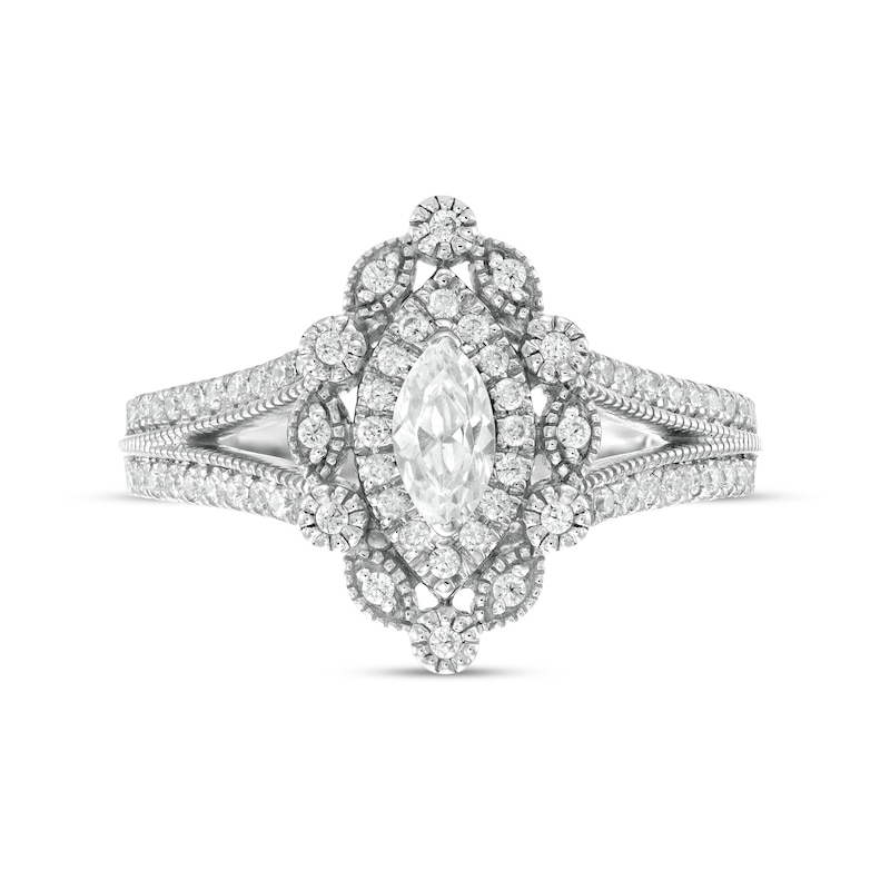 Main Image 4 of 3/4 CT. T.W. Marquise and Round Diamond Alternating Frame Vintage-Style Engagement Ring in 10K White Gold