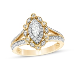 3/4 CT. T.W. Marquise and Round Diamond Alternating Frame Vintage-Style Engagement Ring in 10K Gold