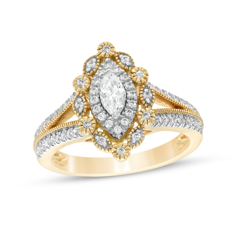 Main Image 1 of 3/4 CT. T.W. Marquise and Round Diamond Alternating Frame Vintage-Style Engagement Ring in 10K Gold