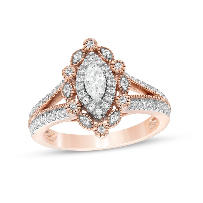 Main Image 1 of 3/4 CT. T.W. Marquise and Round Diamond Alternating Frame Vintage-Style Engagement Ring in 10K Rose Gold